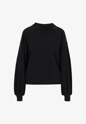 Black sweatshirt made of soft fabric, featuring a round neckline, raglan sleeves, and elastic cuffs. Minimalist design with no visible patterns.