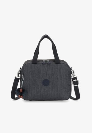 Sac en tissu gris foncé avec deux fermetures à glissière en haut, poignées courtes, sangle d'épaule amovible et un charme de singe en fourrure accroché. Logo rond sur le devant.