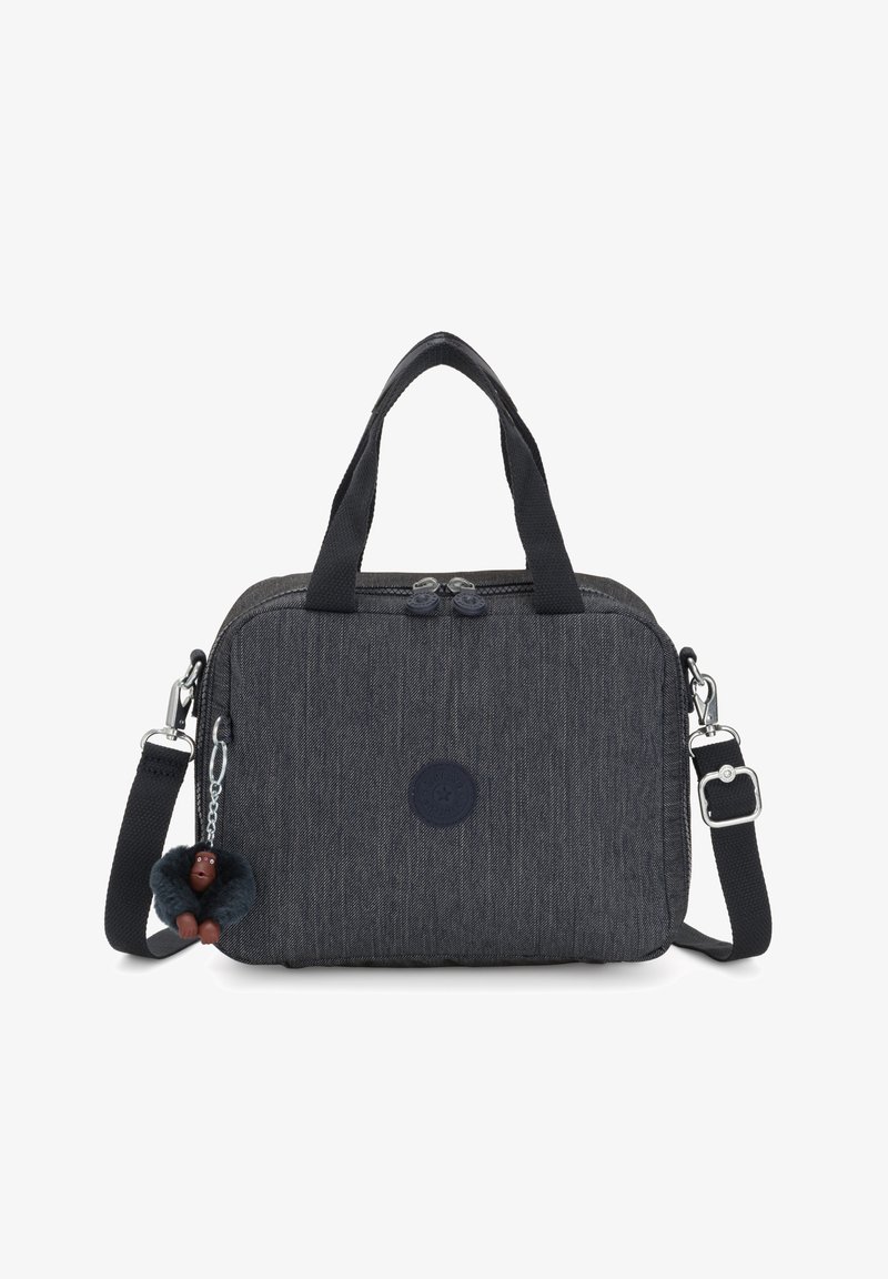 Dark gray fabric bag with dual top zippers, short handles, detachable shoulder strap, and a furry monkey charm attached. Round logo on front.
