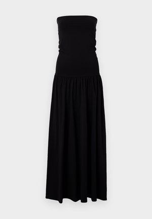 Vestido maxi negro sin mangas hecho de una tela suave y elástica. Cuerpo ajustado con una falda fruncida, tela fluida y textura suave.
