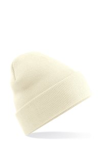 Cream-colored ribbed knit beanie hat with folded cuff, shown isolated on a white background.