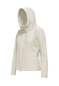 Giacca cappuccio beige chiaro con zip frontale, caratterizzata da una superficie liscia, due tasche laterali e un design aderente. Dettagli delle cuciture sottili.