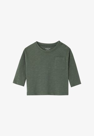 Long-sleeve, olive-green T-shirt made from soft fabric, featuring a round neckline, a patch pocket, and button accents on the shoulder.