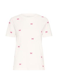 T-shirt blanc à manches courtes avec des broderies de nœuds roses dispersées sur le tissu. Fabriqué en coton doux avec un col rond classique.