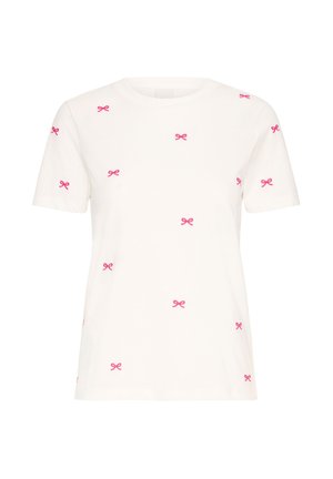 Short-sleeve white t-shirt with pink bow embroidery scattered across the fabric. Made of soft cotton with a classic crew neckline.