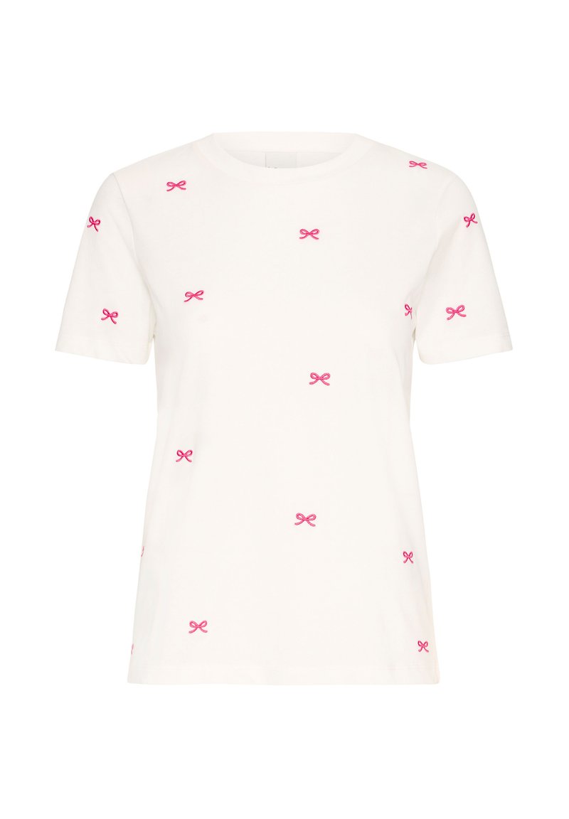 Korte mouwen witte t-shirt met roze strikborduursels verspreid over de stof. Gemaakt van zachte katoen met een klassieke ronde hals.
