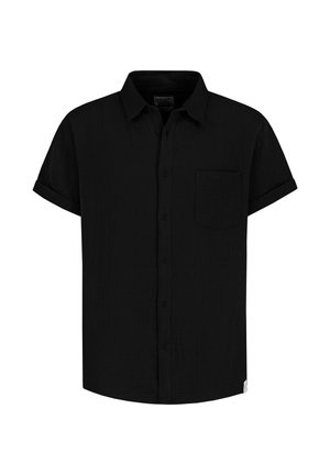 Schwarzes kurzärmeliges Hemd zum Knöpfen mit Kragen, einer Brusttasche und umgeschlagenen Ärmelbündchen.