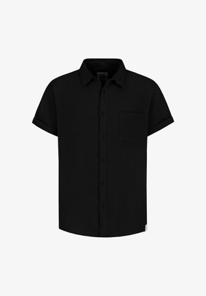 Schwarzes kurzärmeliges Hemd zum Knöpfen mit Kragen, einer Brusttasche und umgeschlagenen Ärmelbündchen.