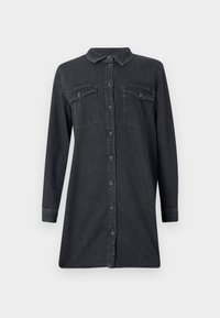 Dark denim shirt dress with long sleeves, a collared neck, and two chest pockets. Features a front button closure and straight cut.