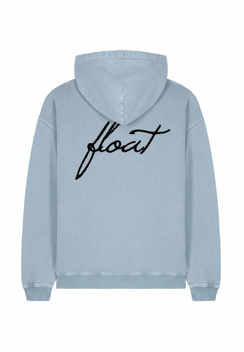 Sudadera azul clara con la palabra "float" bordada en cursiva negra en la parte posterior. Cuenta con capucha ajustable y puños y dobladillo acanalados.