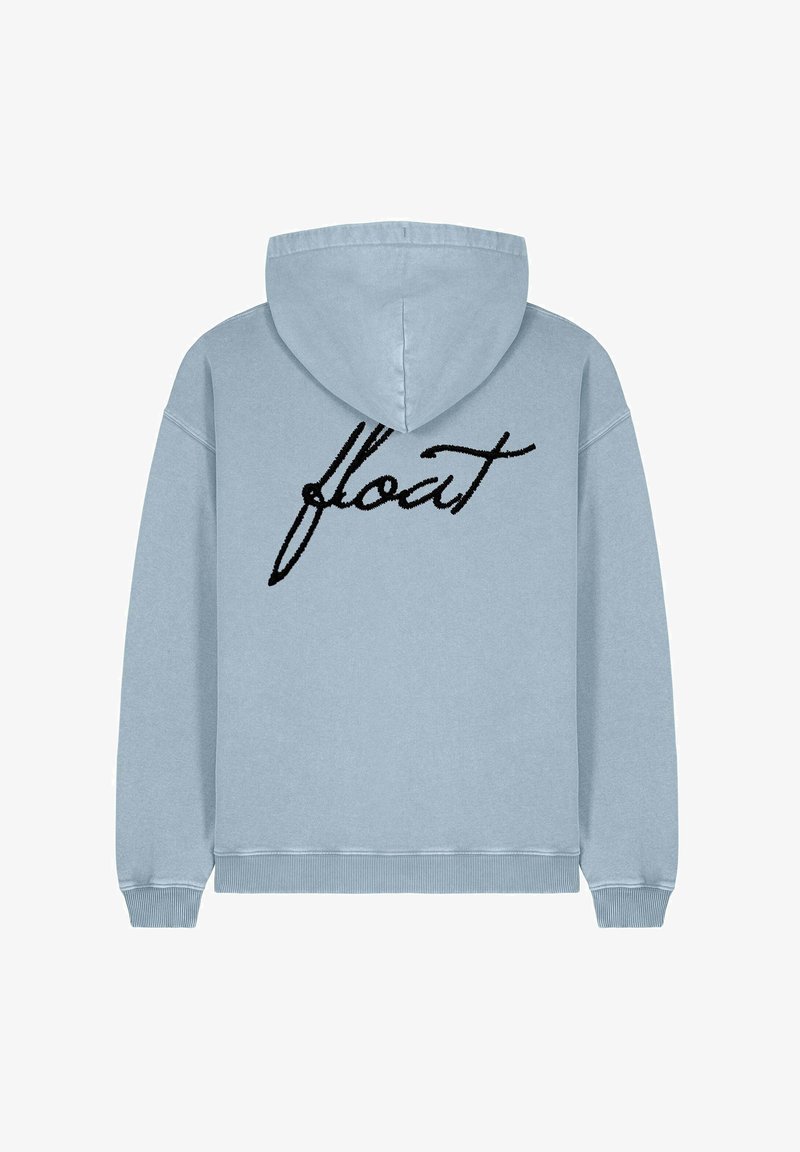Sudadera azul clara con la palabra "float" bordada en cursiva negra en la parte posterior. Cuenta con capucha ajustable y puños y dobladillo acanalados.