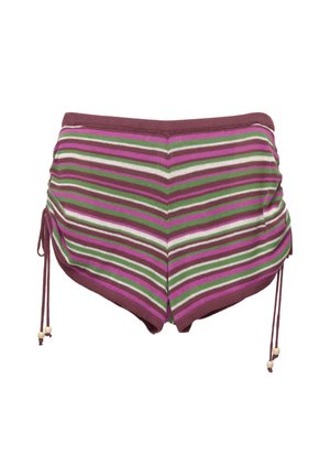 Gestreepte zwemshorts in tinten roze, groen en bruin. Bevat trekkoordzijden en een zachte, rekbare stof.