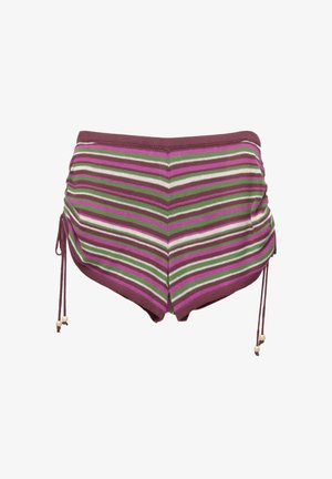 Striped swim shorts in shades of pink, green, and brown. Features drawstring sides and a soft, stretchy fabric.