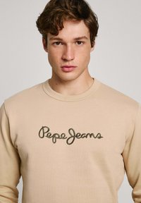 Sudadera beige hecha de una mezcla de algodón, con cuello redondo y logo bordado en verde de "Pepe Jeans" en el pecho.