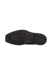 Soletta di scarpa in gomma nera con un motivo di battistrada robusto; presenta forme a croce sollevate e scanalature per una migliore aderenza. Inserto per il tallone piatto e ovale.