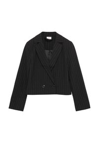 Blazer noir court en tissu texturé avec des rayures blanches, devant croisé avec deux boutons et revers cranté.