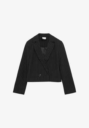Zwarte cropped blazer van textuurstof met witte streepjes, dubbele knopen aan de voorkant met twee knopen en een piek revers.