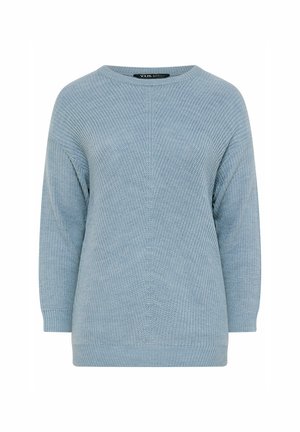 Vaaleansininen neulepaita, jossa on pyöreä kaulus, ribbed hihansuut ja löysä istuvuus. Sisältää tekstuuripinnan koko matkalla.