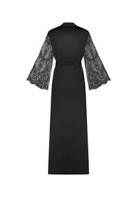 Robe nera con maniche a campana in pizzo, tessuto morbido e una cintura in vita. Presenta un intricato motivo in pizzo sulle maniche, creando un contrasto con il corpo uniforme.