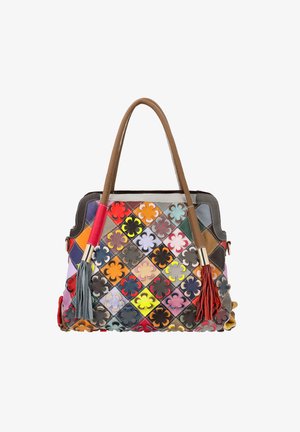 Baumwolltasche mit braunen Griffen, Diamant-Patchwork aus mehrfarbigen Lederquadraten, jedes mit einer vierblättrigen Blumenverzierung und Quasten an den Griffen.