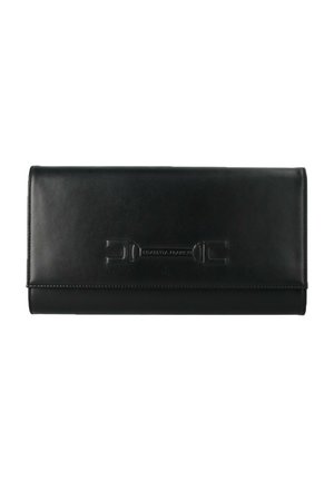 Pochette rectangulaire en cuir noir avec détail de fermeture décorative embossée et finition lisse.