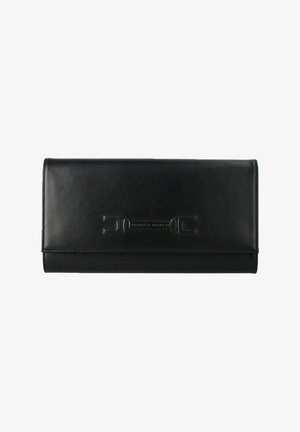 Pochette rectangulaire en cuir noir avec détail de fermeture décorative embossée et finition lisse.