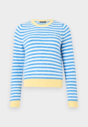 Pull à rayures bleues et blanches avec un col rond, fabriqué en matière douce. Présente des accents jaunes au niveau du col et de l'ourlet.