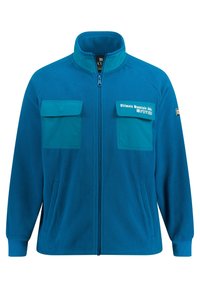 Giacca in fleece di un brillante blu con zip completa, due ampie tasche sul petto, tasche laterali e polsini a coste. Presenta il logo sulla tasca superiore sinistra.