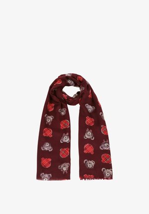 Burgundy scarf with repeated bear and heart patterns in white and red. Soft texture with fringed edges, made of lightweight fabric.