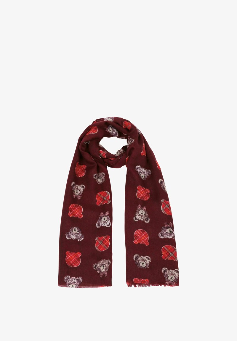 Burgundy scarf with repeated bear and heart patterns in white and red. Soft texture with fringed edges, made of lightweight fabric.