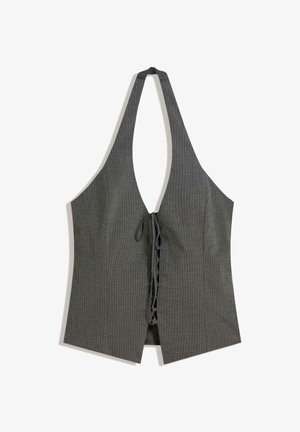 Gray pinstriped halter top featuring a deep V-neck, open front, and tie closure at the waist. Fabric has a fitted, textured appearance.