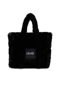 Borsa a spalla in pelliccia sintetica nera con doppio manico corto, forma rettangolare e una toppa con logo su un pannello nero liscio.