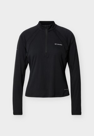 Čierna športová mikina s dlhým rukávom a štvrťovým zipsom, s logom Columbia na hrudi a jemnými detailmi šitia na jednoduchom pozadí.