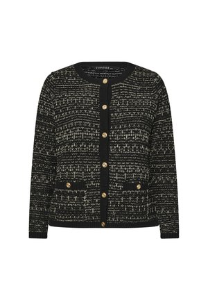 Sort og guld mønstret cardigan med rund halsudskæring, fem guldknapper og to frontlommer. Tekstureret strikstof.