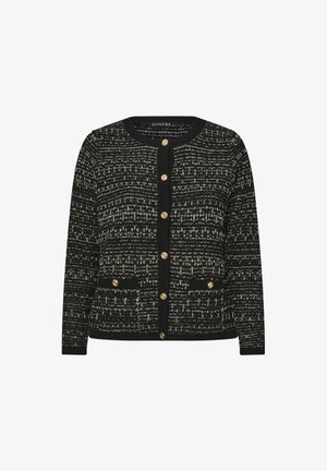 Schwarze und goldene gemusterte Strickjacke mit rundem Ausschnitt, fünf goldenen Knopfverschlüssen und zwei vorderen Taschen. Strukturierter Strickstoff.