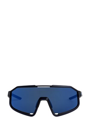 Lunettes de sport avec une monture noire mate, de grandes lentilles teintées bleues, un design angulaire et un matériel minimal pour un ajustement léger.