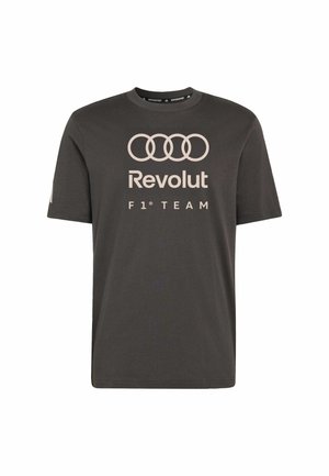 Zwart katoenen T-shirt met korte mouwen en een ronde hals. Heeft lichtgekleurde "Revolut"- en "F1 TEAM"-logo's aan de voorkant.