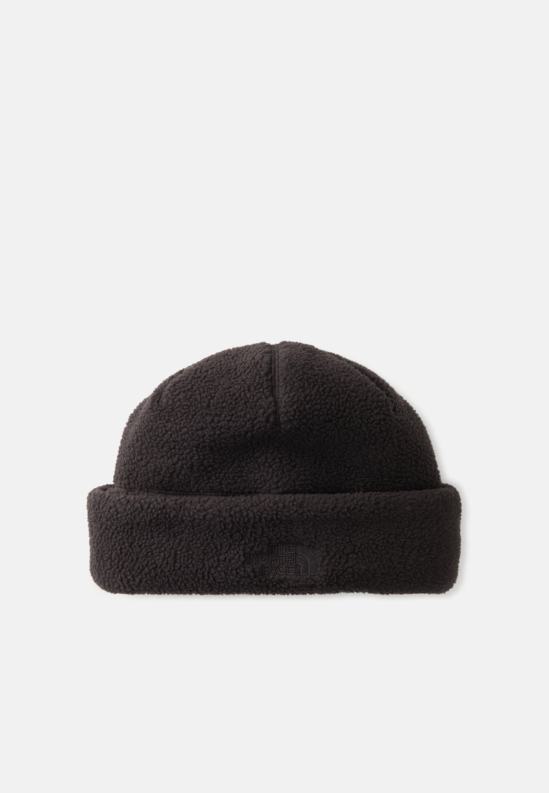Gorro de fleece preto com um punho dobrável e superfície texturizada. Apresenta um discreto logótipo da marca na frente. Design de topo redondo.