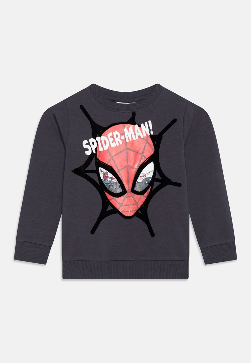 Felpa grigia scura in cotone, con una grande grafica di Spider-Man rossa e un design di ragnatela nera, accompagnata dal testo "SPIDER-MAN!" sulla parte anteriore.