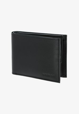 Schwarzes Leder-Bifold-Portemonnaie mit dezent geprägtem Markenlogo vorne, geschlossen in leichtem Winkel auf weißem Hintergrund dargestellt.