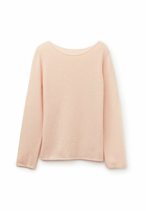 Helles rosa Langarm-Sweatshirt aus weichem Stoff, mit einem leicht weit geschnittenen Halsausschnitt und genähten Saumdetails. Minimalistisches Design ohne Muster.
