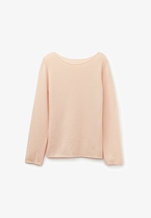 Light pink long-sleeve sweater made of soft fabric, with a slightly wide neckline and stitched hem detailing. Minimalist design with no patterns.