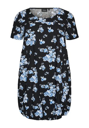 Musta lyhythihainen mekko, jossa on kerätty helma ja sinivalkoinen kukkakuvio, jossa on ruusuja ja pienempiä kukkia.