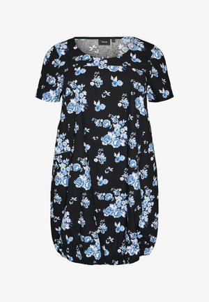 Musta lyhythihainen mekko, jossa on kerätty helma ja sinivalkoinen kukkakuvio, jossa on ruusuja ja pienempiä kukkia.