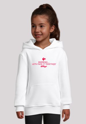 White hoodie with a front pocket, featuring a red graphic that reads "MORNING... LET'S FACE IT TOGETHER" and the Kellogg's logo.
