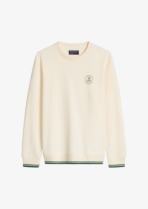 Φούτερ σε κρεμ απόχρωση με στρογγυλή λαιμόκοψη, μακριά μανίκια, μικρό στρογγυλό λογότυπο στο αριστερό στήθος και πράσινες ρίγες στα μανσέτια και στο στρίφωμα.