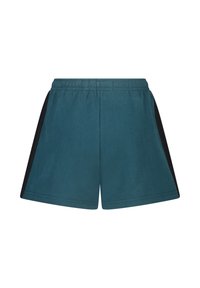 Pantalones cortos deportivos de color verde azulado con paneles laterales negros y una cintura elástica, mostrados desde el frente sobre un fondo blanco.
