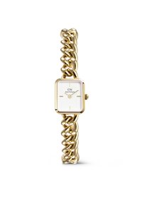 Montre en or avec un cadran rectangulaire blanc et des accents dorés, un bracelet en maillons, et des index et aiguilles minimalistes.