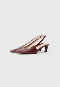Un paio di décolleté slingback bordeaux con punta affusolata e tacco basso nero, su uno sfondo bianco.