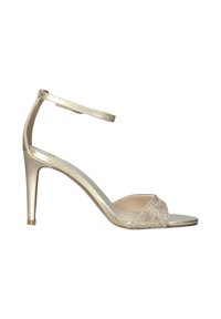 Sandalo oro con tacco alto, dotato di una sottile striscia e di un accento di strass scintillanti sulla punta. Presenta una texture liscia e raffinata, oltre a un design elegante.
